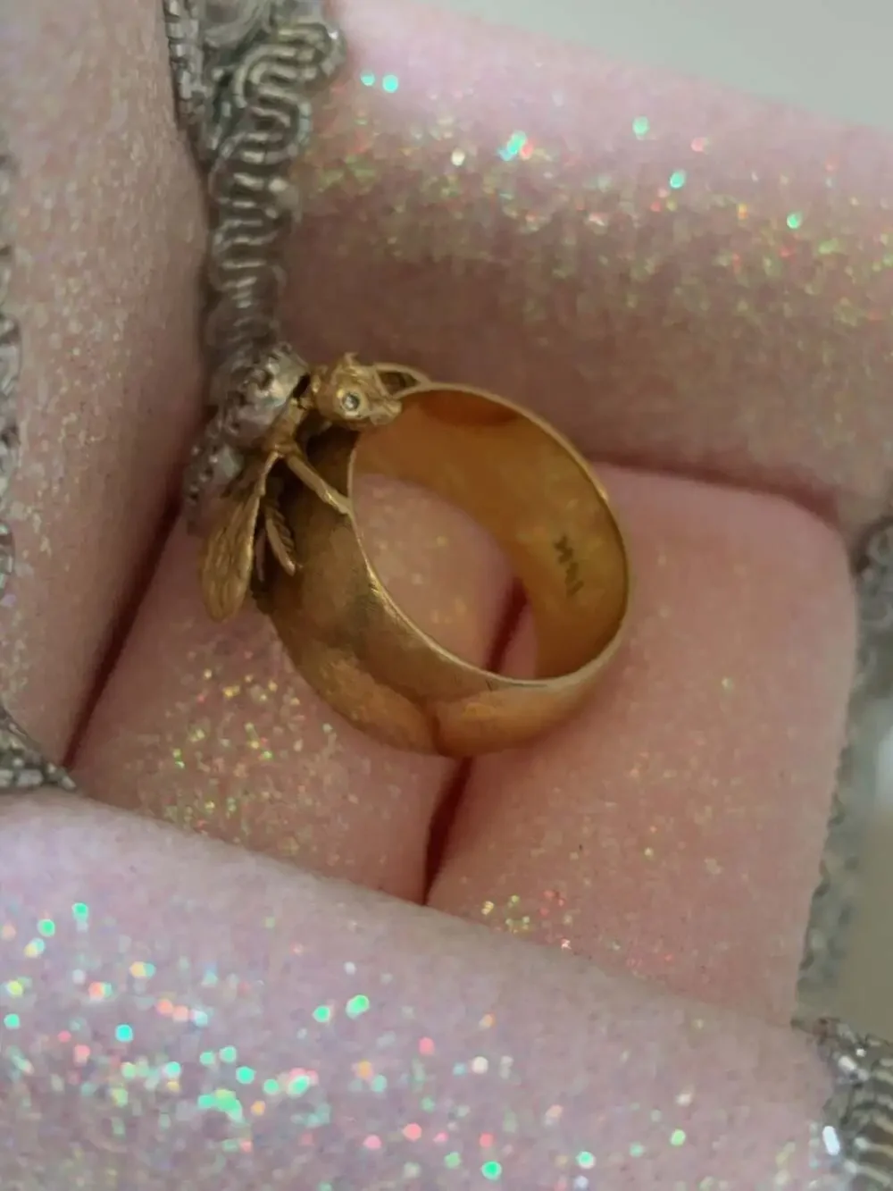 Large Vintage 14K Gold Diamond Bee Statement Ring with Diamond eyes wide band Be